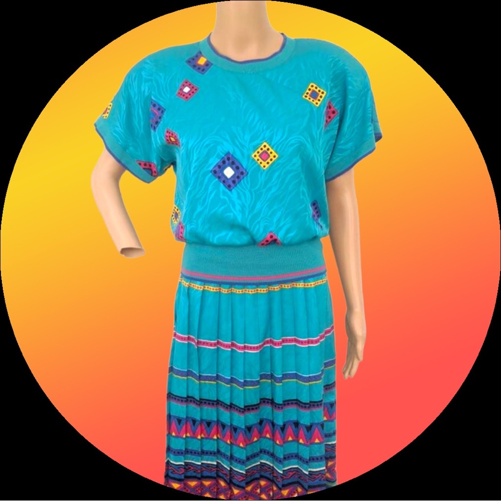 80s Print Dress Papell Petites Blue Stripe S M